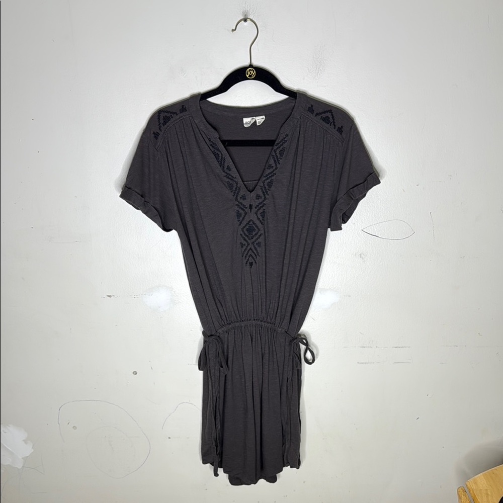 Roxy Gray Cotton Blend Embroidered Tie Waist Raglan Sleeve V-Neck Sundress XS